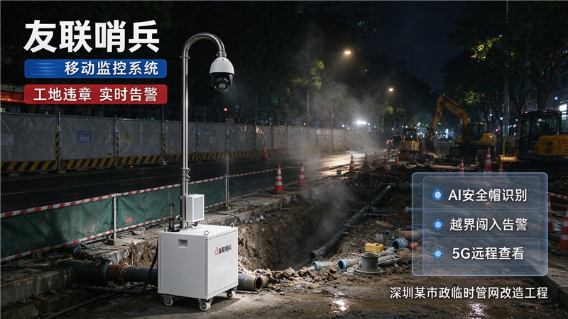 深圳市政临时管网改造工程｜工地 AI 安全监管 友联哨兵移动监控系统